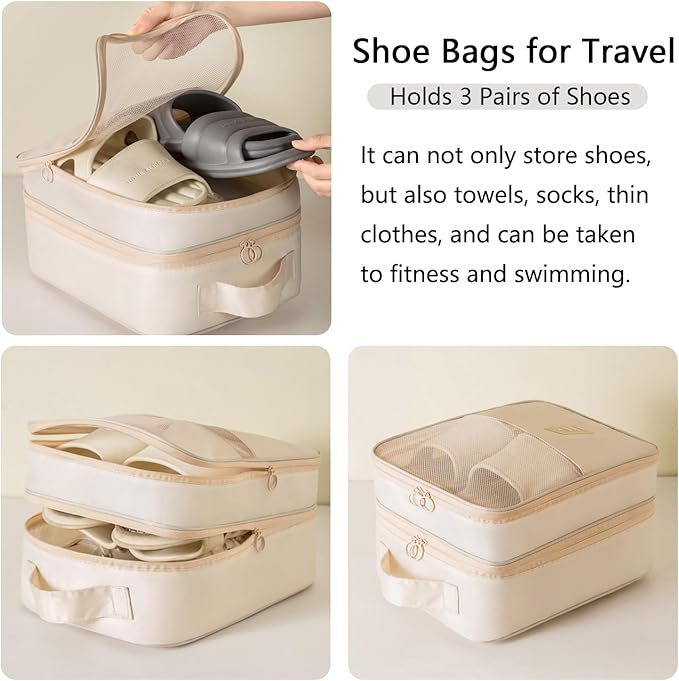 Resdenio 2 Pack Shoe Bags for Travel - Holds 3 Pair of Shoes, Portable Shoes Storage Bag Organizer, Travel Luggage Shoe Organizer for Women and Teenager (Beige)