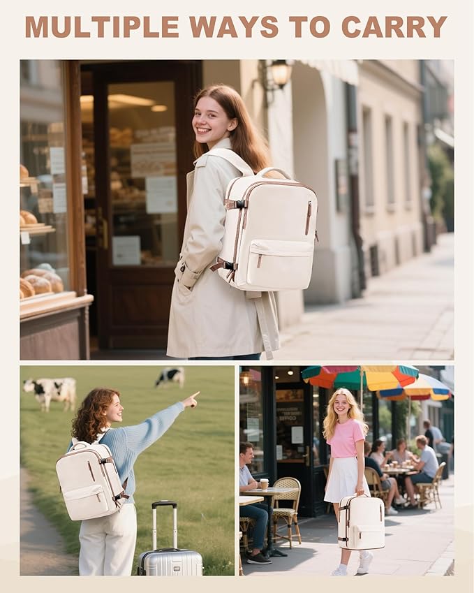 VECAVE Travel Backpack for Women, Airline Flight Approved Carry On Backpacks Waterproof 14 Inch Laptop Backpack with Shoe Compartment Casual Daypack BeigeBrown