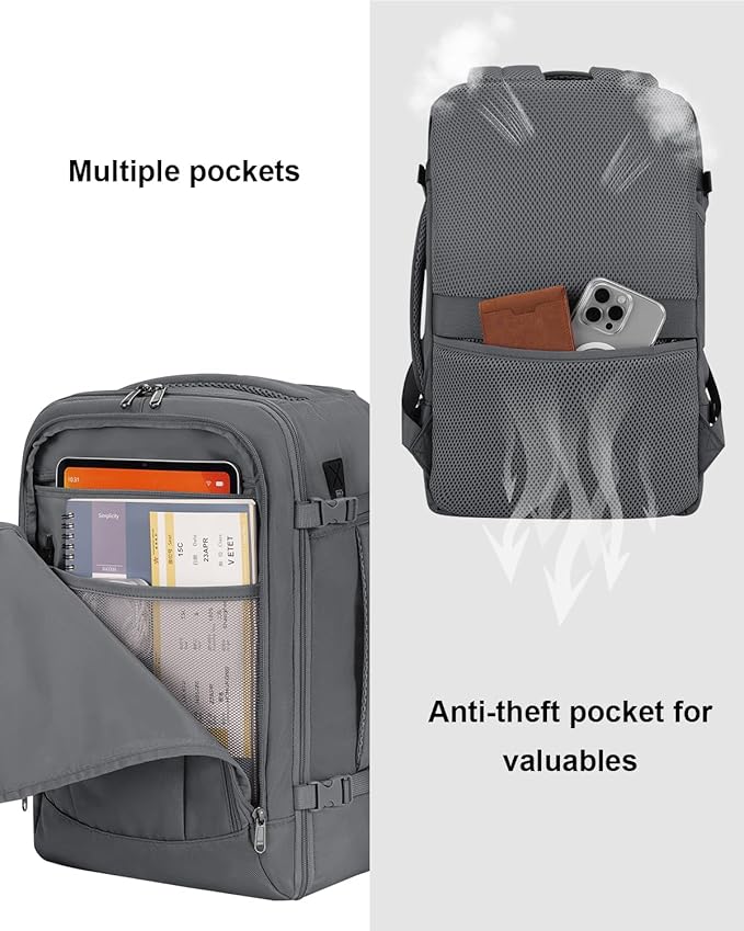 ECOHUB 17'' Travel Backpack, Personal Item Backpack with 13 Pockets, Flight Approved Carry on Backpack with USB Port & Luggage Sleeve, Travel bag for Men & Women, Water Resistant Backpack, Grey