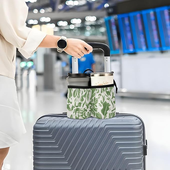 Green Vintage Flower Bohemian Luggage Cup Holder Travel Portable Free Hand Drink Carrier Suitcase Drinks Beverage Holder Carry-On Bottle Mug Holder Organizer Bag Travelers Accessories