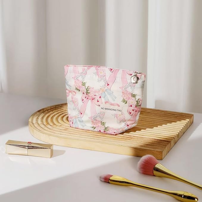 HAPPYHEIDI Makeup Bag Set 2, Cute Cosmetic Pouch, Pink Floral Bow Pattern, Cotton, Lightweight, 2 Count, Zipper Closure