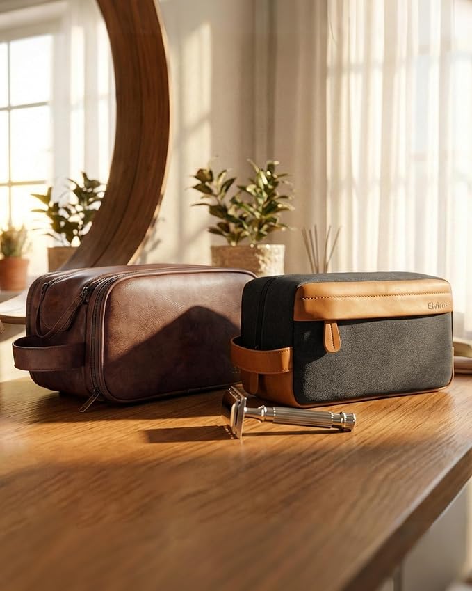 Elviros Travel Toiletry Bag Gift for Men，Mens Toiletries Bag Gifts Set Shaving Dopp Kit Water-resistant Bathroom Toiletries Organizer PU Leather Cosmetic Bags 2 Pack Dark Brown and Brown