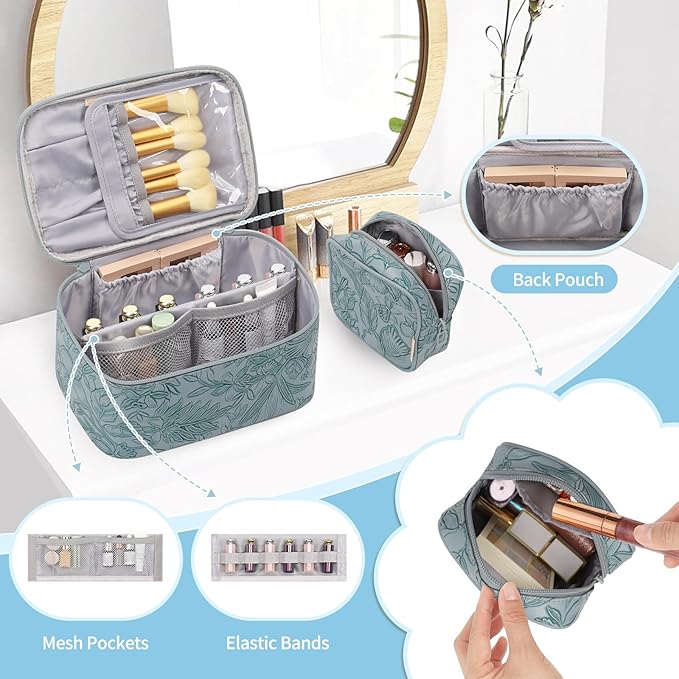 OCHEAL Makeup Bag Set, Portable Travel Makeup Bags Cosmetic Organizer Bag for Women Cute Floral Cosmetic Pouch Large Capacity Make up Bag PU Leather Toiletry Bags with Divider and Handle-Blue