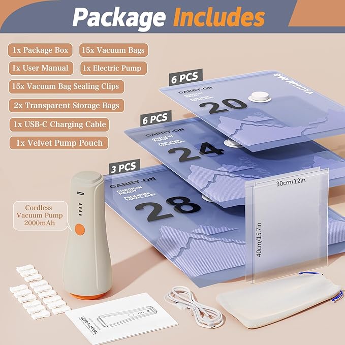 QcoQce Wireless Vacuum Storage Bags with Pump, 17-Pack (3 L/6 M/6 S/2 Bonus),Space Saving Bags for Travel, Moving & Home Organization,Compression Packing Cubes for Suitcase, Closet & Cruise Must Haves