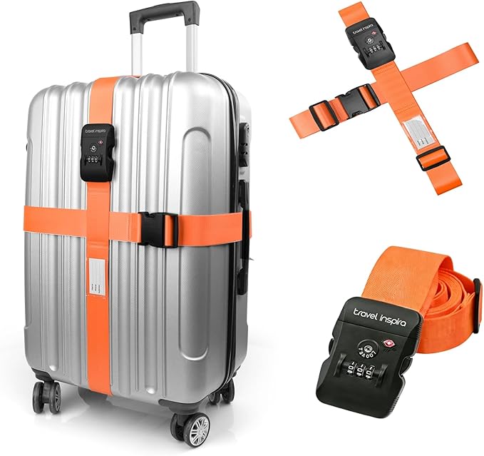Travel Inspira Luggage Straps with TSA Lock, TSA Approved Suitcase Belt, Heavy Duty Adjustable Cross Design for Added Security, High-Visibility Orange Travel Accessory with ID Tag for 20-32" Bag