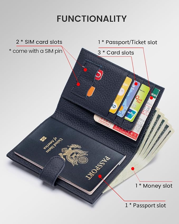 Karmiir RFID Passport Holder Travel Wallet for Women, Leather Passport Cover Wallet with Card Holders SIM Slots,Zippered Coins Pocket and Cash Slot Slim Compact Travel Wallet (Blue Black)
