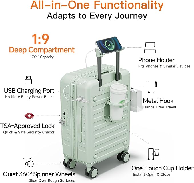 Expandable Lightweight PC Hard Shell Suitcase, 24-inch Luggage with TSA Lock, Top Opening & Cup Holder - Ideal for Business Travel Suitcase (Mint Green, Checked-Medium 24-Inch)