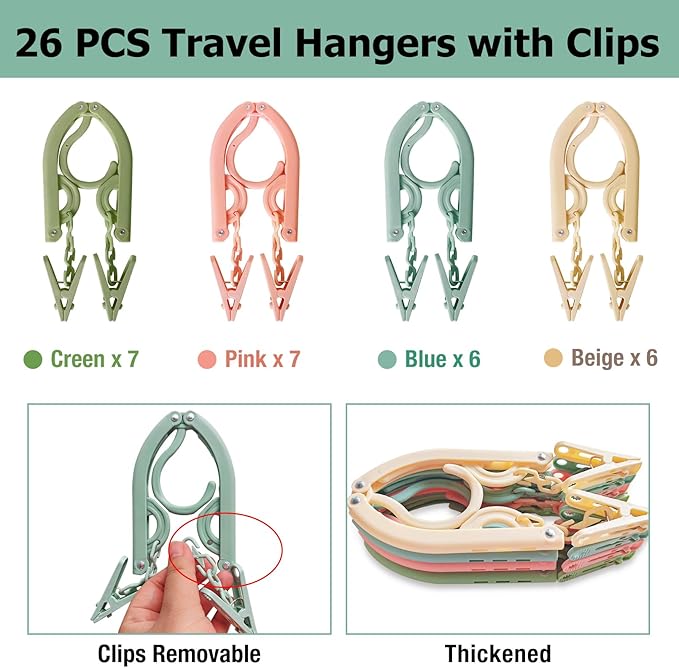 26Pcs Travel Hangers Foldable with 52Pcs Clips: Folding Hangers, Non Slip Portable Hanger for Cruise Ship Essentials Suitcase Camping Flying RV Home Drying Rack, 4 Colors