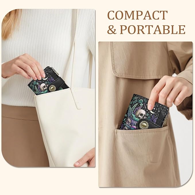 Icycay Goth Gothic Skull Small Wallet Women RFID Blocking Bifold, Credit Card Holder, Zipper Coin Pocket, PU Leather, Funny Witchy, Compact, Travel, 4 ID Window 14 Card Slots, Cash Purse, Ladies Woman