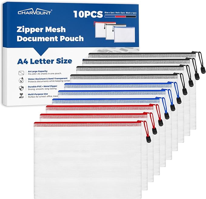 Charmount A4 Mesh Zipper Pouch Bags, Waterproof Plastic Document Organizer Folders, Multipurpose File Bags for Office, School, Toys, Board Games, Puzzles, Travel, and Home Storage Supplies-10 Pack