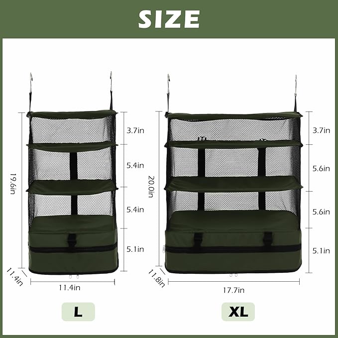 Surblue Hanging Closet Storage Bag Collapsible 3-Shelf Washable Oxford Fabric with 2 Hooks (L 11.41 * 11.41 * 19.68in, Dark Green)