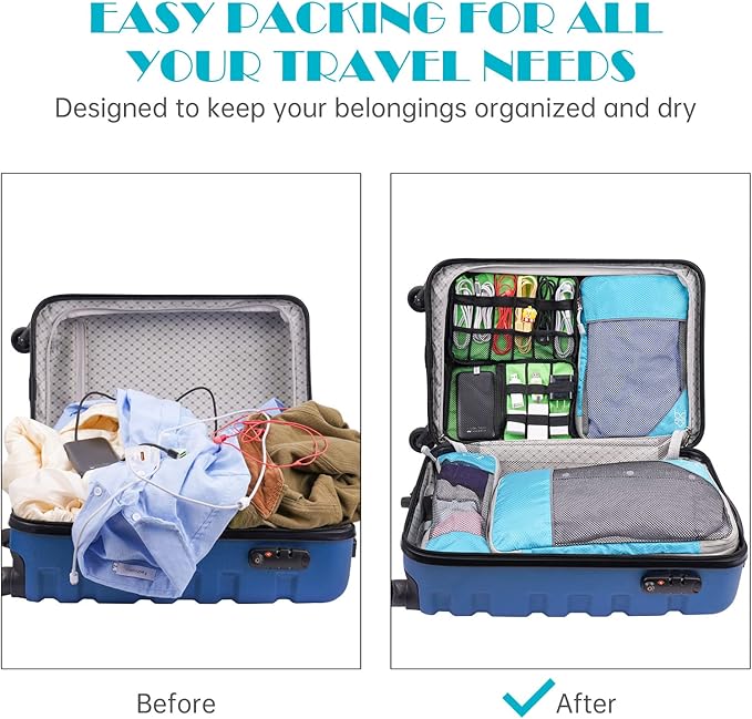 NiHome 7PCS Compression Packing Cube Set Expandable Mesh Travel Bag Luggage Organizers with Electronic Cable Cord Charger Organizer Drawstring Bag for Trip Home Storage Travel Gear Accessories (Blue)