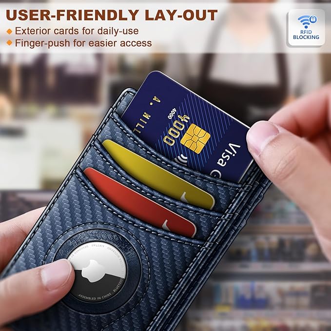BULLIANT Men Airtag Wallet,Slim Wallet Money Clip Card Holder Magnetic Closure 12 Cards in Front Pocket RFID Blocking