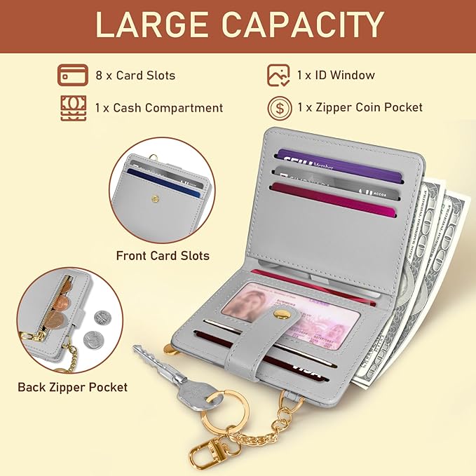 Jogjam Grey Rfid Ladies Wallet, Small Slim Thin Compact Credit Card Women Wallet, PU Leather Bifold Cash Zipper Coin Pocket ID Window for Female