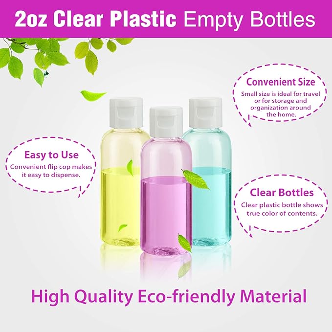 30 Pcs 2 oz Clear Plastic Empty Bottles with Flip Cap for Travel Size Liquids