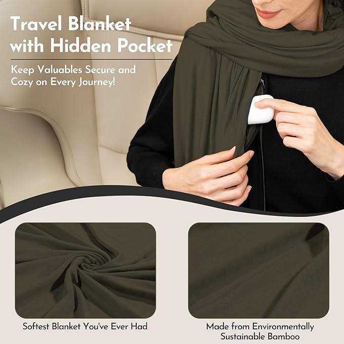 16-in-1 Compact Travel Blanket with Bag – Reversible, Ultra Soft Bamboo Airplane Blanket with Hidden Pocket – Packable for Flights & Travel Essentials (Semi-Weighted, Double Layer)