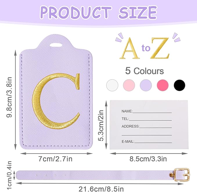Initial Luggage Tags for Suitcases, Cute Embroidered Letter Luggage Bag Suitcase Identifier Name Baggage Tag, PU Leather Travel Luggage Tags, Bag Tags for Men Women Kids Luggage Handbags(Purple C)