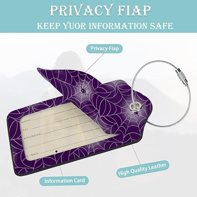 Halloween Luggage Tags Set of 2 Purple Spider Web Leather Suitcase Tags with Stainless Steel Loop and Privacy Cover for Women Men Travel Luggage Accessories