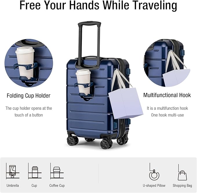 KYME Carry On Luggage 22x14x9 Airline Approved Hardshell 20 Inch Luggage With TSA Lock Carry On Suitcase with Wheels Small Travel Rolling Luggage with Cup Holder for Women Men Navy
