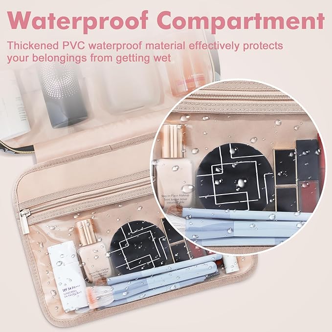 Wedama Toiletry Bag for Women, Large Cosmetic Travel Bag, Hanging Toiletry Bag for Bathroom, PVC Waterproof Makeup Bag, Toiletries Bag for Travel Business Trips and Camping, Black+Pink Floral