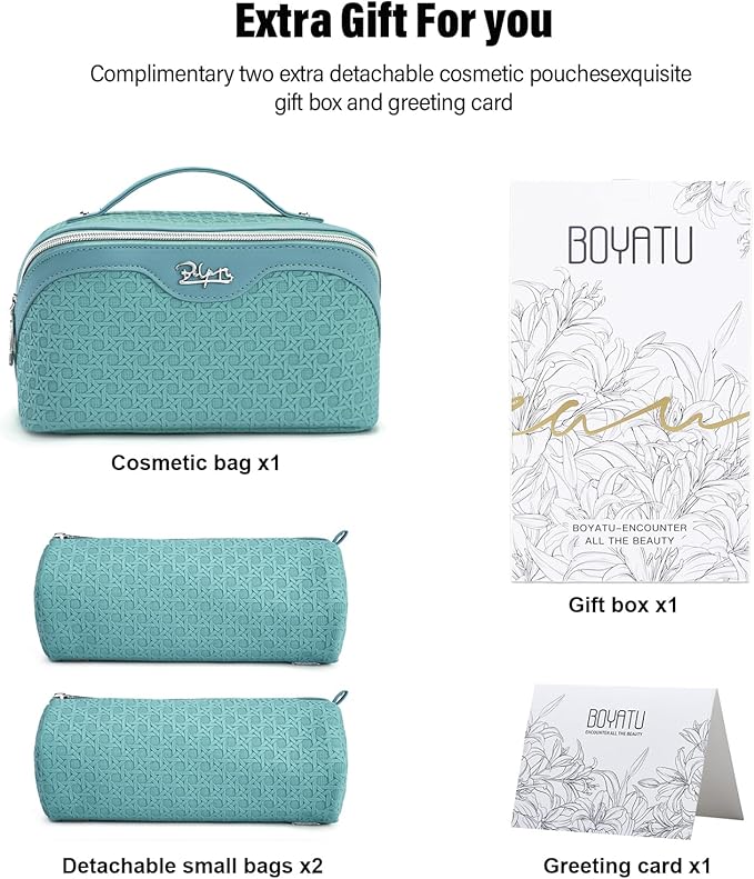 BOYATU Travel Makeup Bag Cosmetic Bags for Women: Large Capacity 3 Pcs Set Make up Bag with Compartments - Waterproof Vegan Leather Toiletry Organizer Bags with Handle (M-75Blue)