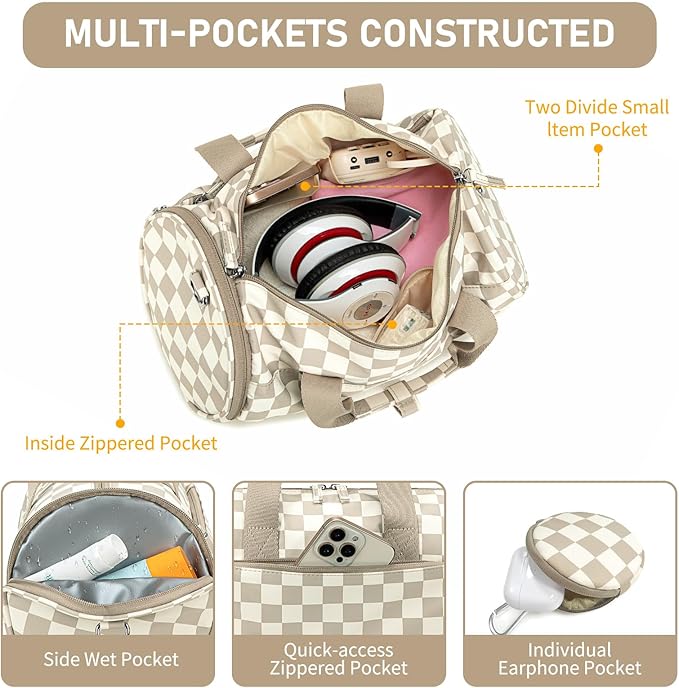 Mini Gym Bag for Women Girls Cute Small Duffle Bag 12'' with Multifunctional Pockets Workout Sport Bags Dance,Fitness,Yoga (Brown-white checkered)