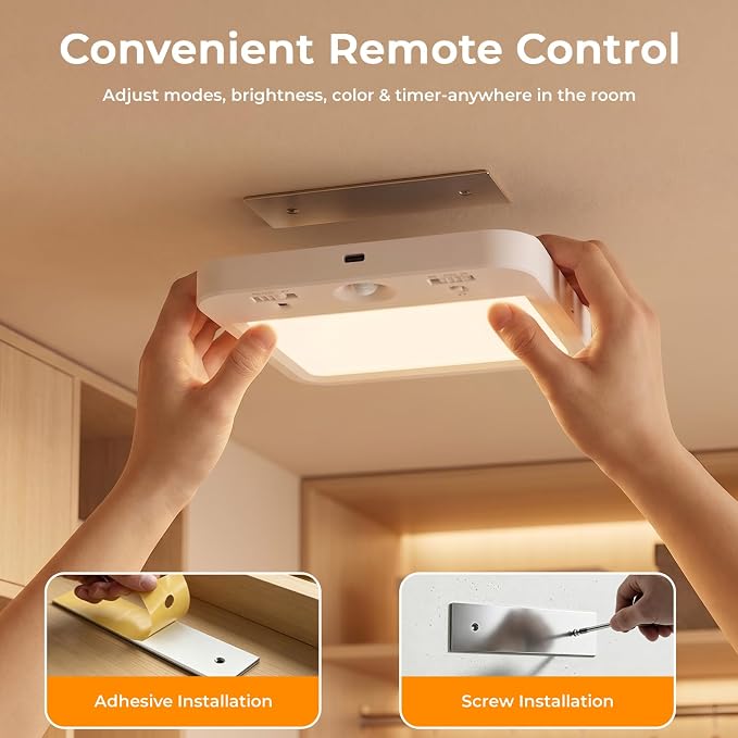 TANBABY Rechargeable Motion Sensor Ceiling Light, Wireless Remote, 4-Pack | Wireless LED Shower Light, 8000mAh Battery Long Lasting Closet Light, 3 Color Dimmable, Timer, No Wiring for Hallway Pantry