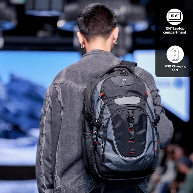 Swissdigital Design Laptop Backpack with USB Charging Port, Travel Backpack Fits 15.6 inches Computer, 31L College School Backpack for Men, Haze Blue/Black | SD803-16