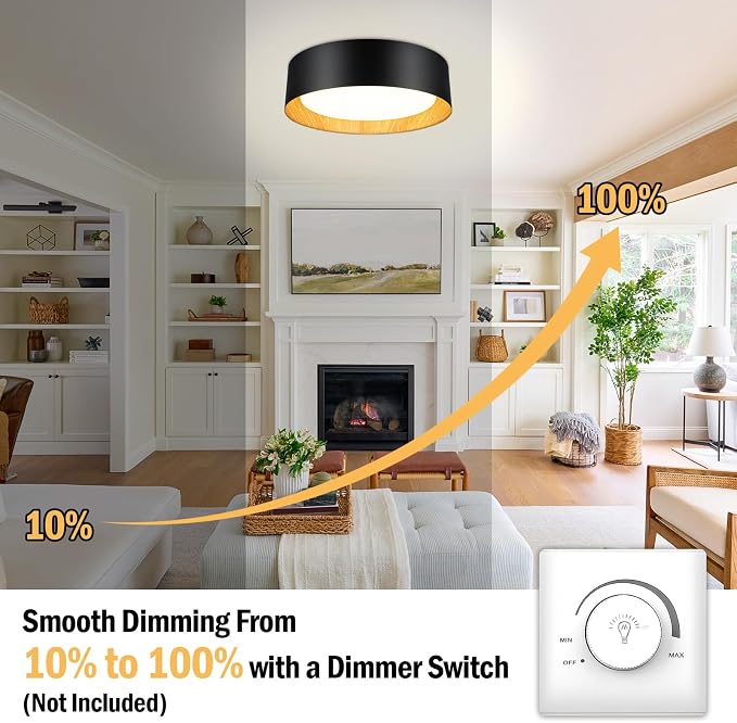 Flush Mount Ceiling Light, 13in Modern Ceiling Light 5 Color Temperature | 25W Bathroom Ceiling Light Fixture, 2600LM Dimmable LED Flush Mount Light for Bedroom, Hallway, Kitchen, Black & Wood