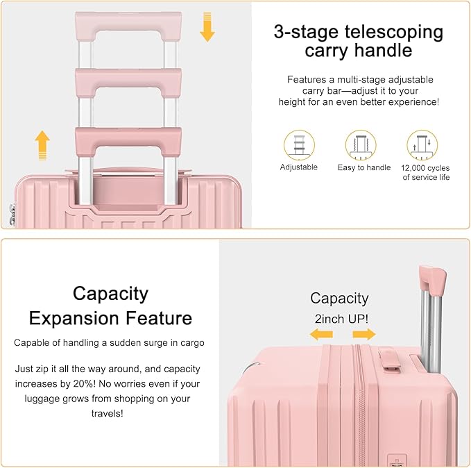 24 Inch Expandable Luggage with Wheels Checked Bag Luggage Hard Shell PC Suitcases Lightweight Travel Checked Luggage Medium Suitcase with Lock for Woman Men Travel