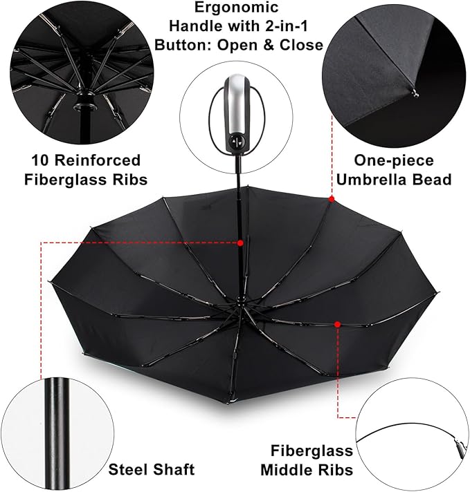 TradMall Travel Umbrella Windproof with 46 Inches Large Canopy 10 Reinforced Fiberglass Ribs Ergonomic Handle Auto Open & Close, Black