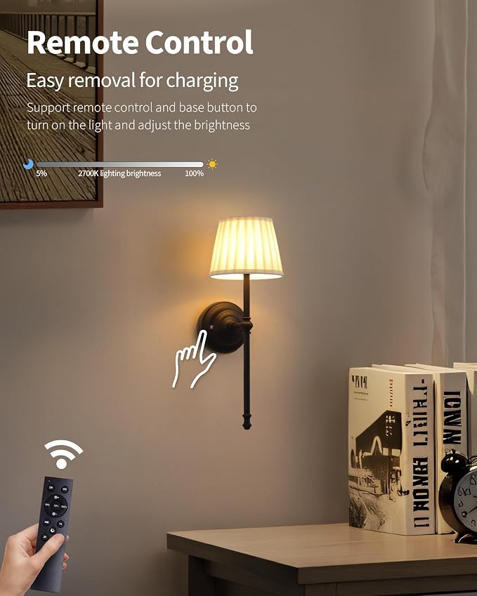 KDG Black Cordless Wall Sconces Set of 2, Beige Fabric LED Wall Lamps | Wireless Small Rechargeable Battery, Portable Lighting for Wall Painting, Living Room, Bedroom, Hallway, Gifts, Night Light