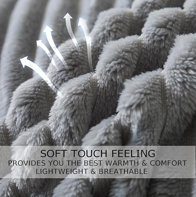 Queen Size Cuddly Fluffy Fleece Blanket, Warm and Soft with Striped Pattern, 90x90 Inches, Ash Grey