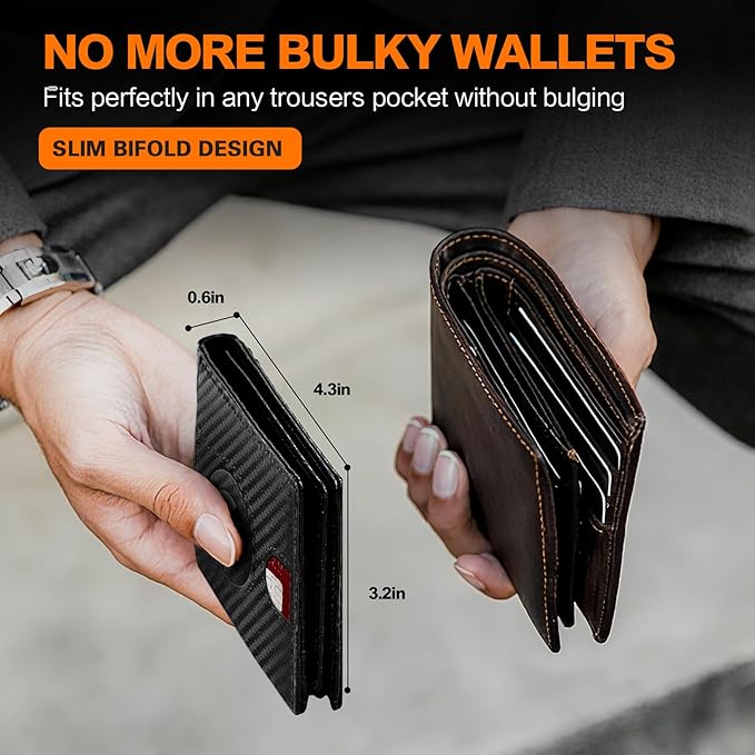 Wallet for Men Slim RFID Blocking Bifold Carbon Fiber,Minimalist Small Compact Front Pocket Credit Card Holder,Thin Mens Leather Wallets Smart Security With 2 ID Windows 1 Cash,Birthday Gifts for Men