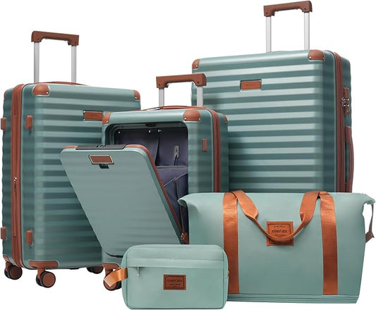 Merax Luggage Sets 5 Piece,Front Open Hardshell Expandable Suitcase with Spinner Wheels and Duffel Bags,Lightweight Carry on Luggage with USB Port and Cup Holder,20/24/28IN,Blue Green