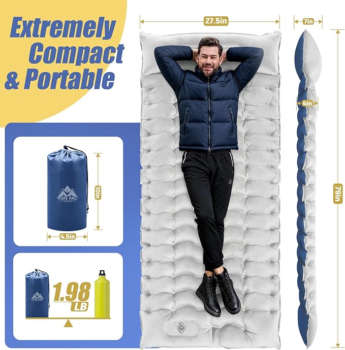 Camping Sleeping Pad, 8.8R-Value Ultralight Camping Mat with Pillow, Insulated Camping Mattress, Built-in Foot Pump Inflatable Sleeping Pads Compact for Camping Backpacking Hiking, Single