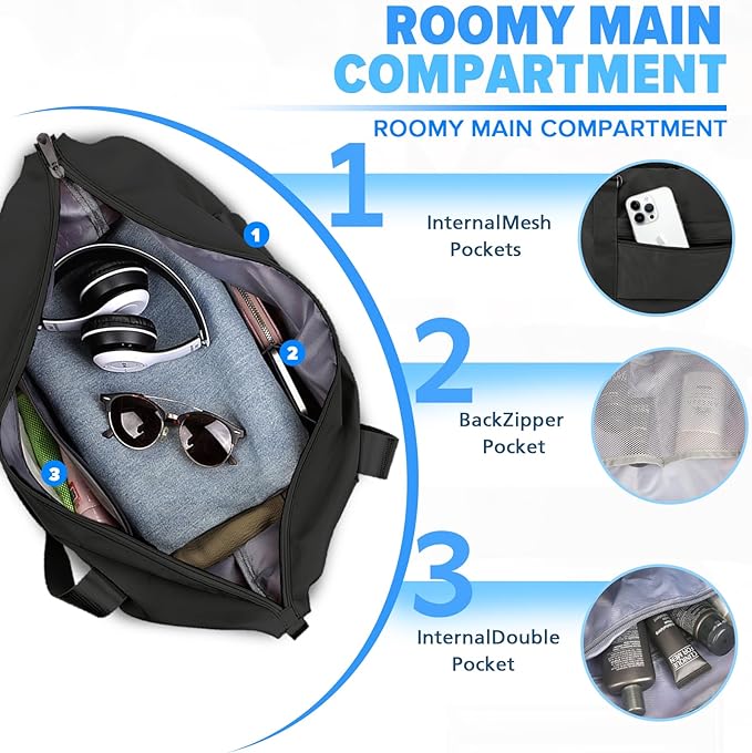 Travel Duffle Bag, Weekender Travel Bag Men Small Gym Bag for Women, Hospital Bag for Labor and Delivery, Overnight Bag Luggage Bag with Trolley Sleeve, Airplane Travel Essentials for Flying(Black)
