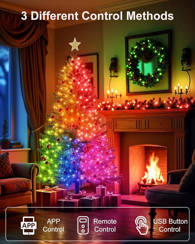 2 Pack Smart Fairy Lights with Remote & APP Control Halloween Fairy Lights | Total 66Ft 200 LED Twinkle String Lights, Color Changing USB Fairy Lights Music & Mic Sync for Christmas Holiday Party Decor
