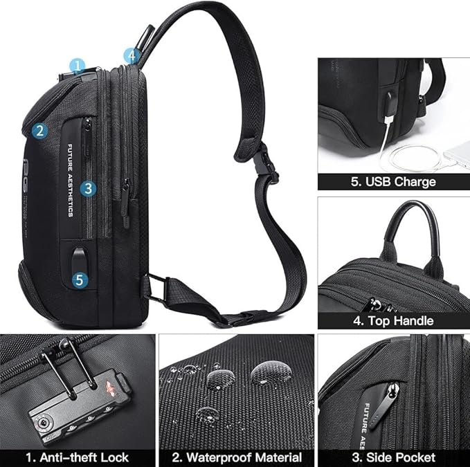 BANGE Anti theft Sling Backpack with Lock, Men's Sling Bag for Men, Shoulder Crossbody Backpack with USB Charging Port for Men and Women