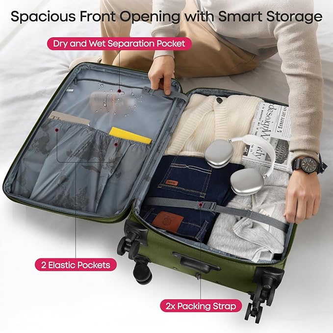 2PCS Set（22in/28in）Softside Luggage Sets w/TSA LOCK,Expandable 20% Luggage w/Spinner Wheels,Upright Spinner Softshell,Lightweight Durable Rolling Travel Luggage Set for Men/Women（Green,22in/28in）