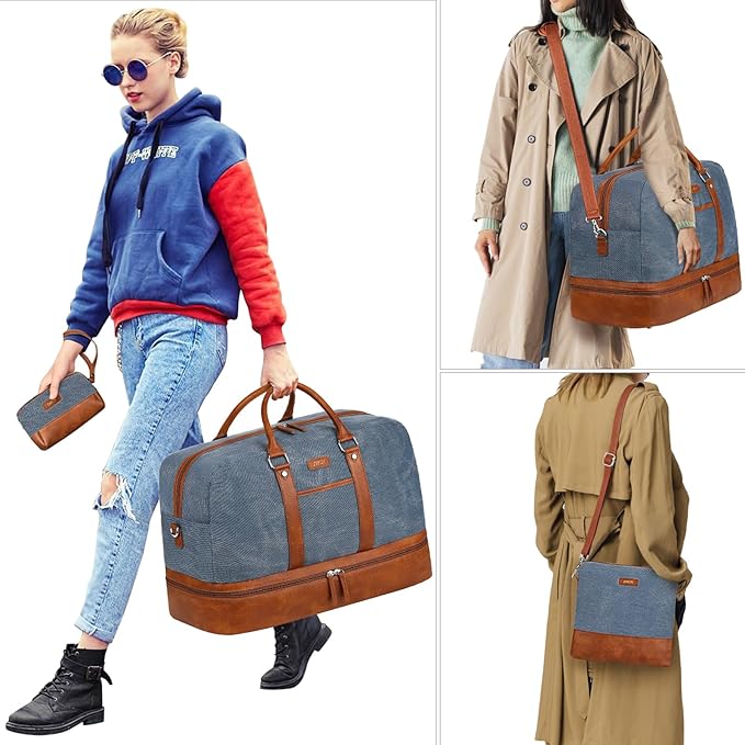 Weekender Bag for Women, Large Overnight Bag Canvas Travel Duffel Bag Carry On Tote with Shoe Compartment 21" 3Pcs Set