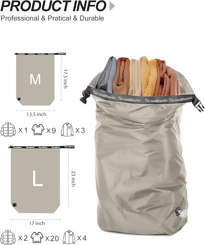 Travel Laundry Bag, Pump Free Vacuum Storage Bag Reusable Compression Dirty Clothes Travel Bag Waterproof Wet Dry Bags Large Capacity Space Saver Bags Camp Clothes Organizer (1 Pcs)(Gray, L)
