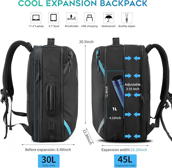 TANGCORLE Travel Carry on Backpack, Extra Large Expandable 45L Backpack for Flight approved, 17.3" Laptop with USB Charging Port Backpacks, Water Resistant Computer Business Backpack for Men & Women