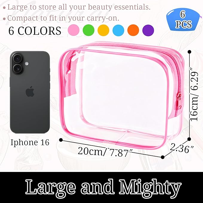 6 Pieces Clear Makeup Bags Bulk, TSA Approved Toiletry Bag PVC Cosmetic Toiletries Pouch with Zipper, Waterproof Vinyl Plastic Organizer Case for for Women Carry-on Travel Essentials (Multicolor-2)