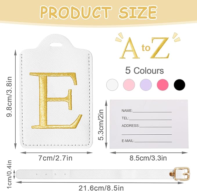 Initial Luggage Tags for Suitcases, Cute Embroidered Letter Luggage Bag Suitcase Identifier Name Baggage Tag, PU Leather Travel Luggage Tags, Bag Tags for Men Women Kids Luggage Handbags(White E)