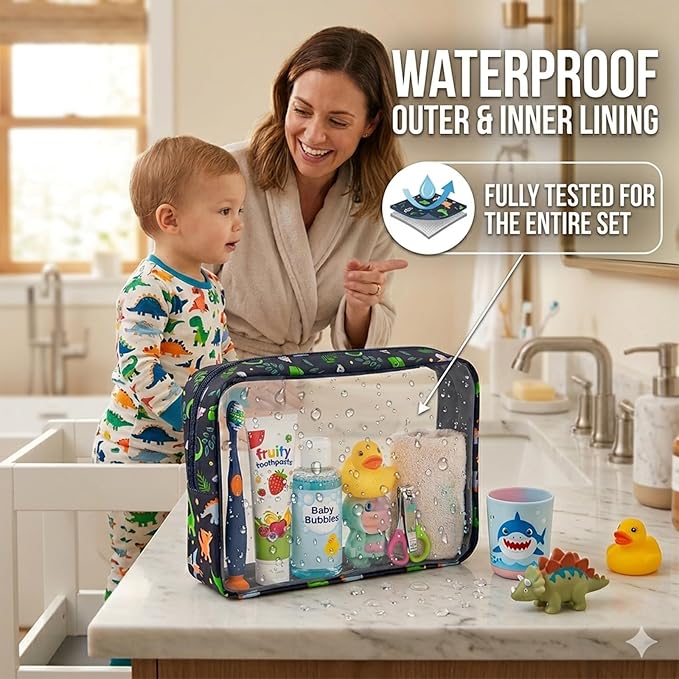 TSA Approved 5-Piece Diaper Bag Organizer Pouch Set Clear Waterproof TPU Kids Toiletry Storage Set Travel Packing Clutch Cube Bags for Baby Nursing(Dinosour)