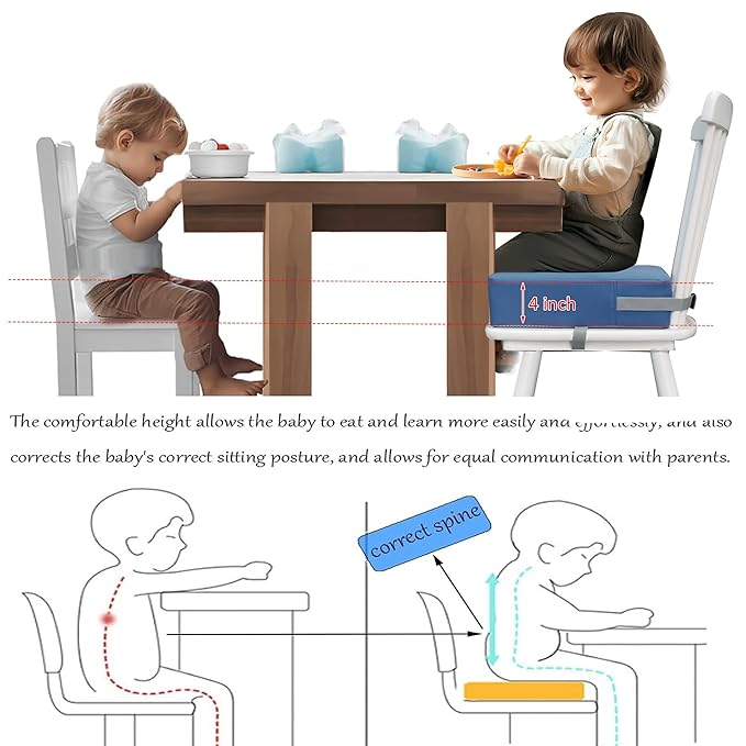 Toddler Booster Seat Dining Table Kitchen Chair, Waterproof Anti-Scratch PU Cushion, Non-Slip Bottom, Adjustable Buckle Straps, Easy Clean Portable Seat Cushion (Blue)
