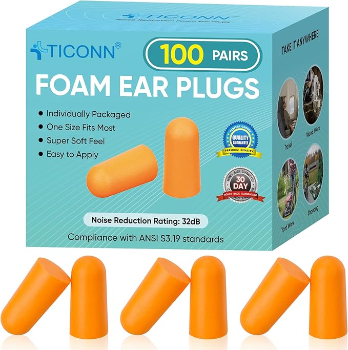 TICONN 100 Pairs Foam Ear Plugs, Individually Wrapped 32dB NRR Noise Reduction Earplugs for Sleeping Hearing Protection Travel Study Concentration Construction Site (100 Pairs)