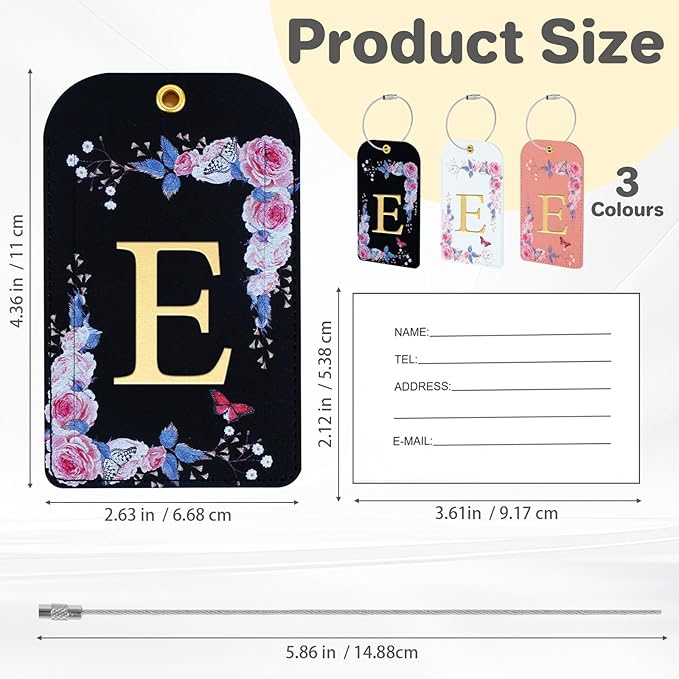 3 Pack Luxury Floral Luggage Tags, Durable PU Leather Suitcase Tags with Stainless Steel Cable Strap, Hidden ID Slot for Privacy Protection, Easy to Identify Waterproof Travel Accessories Gift (E)