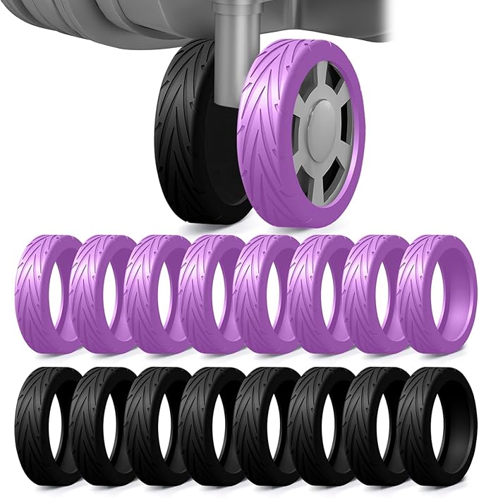 16 Pack Upgrade Luggage Wheel Covers, Silicone Protective Covers for 2-2.4" Spinner Wheel, Wear-Resistant, Anti-Noise, Travel Accessories for Carry-On Suitcases (Black&Purple)